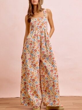 Bibi Floral Print Adjustable Straps Pockets Wide Leg Denim Overalls